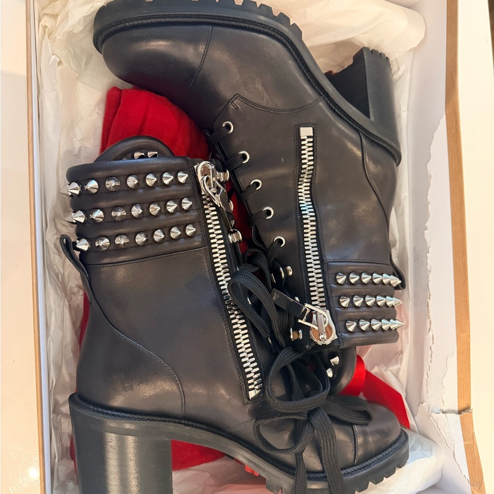 Christian Louboutin Black Studded Leather Lace-Up Ankle Boots